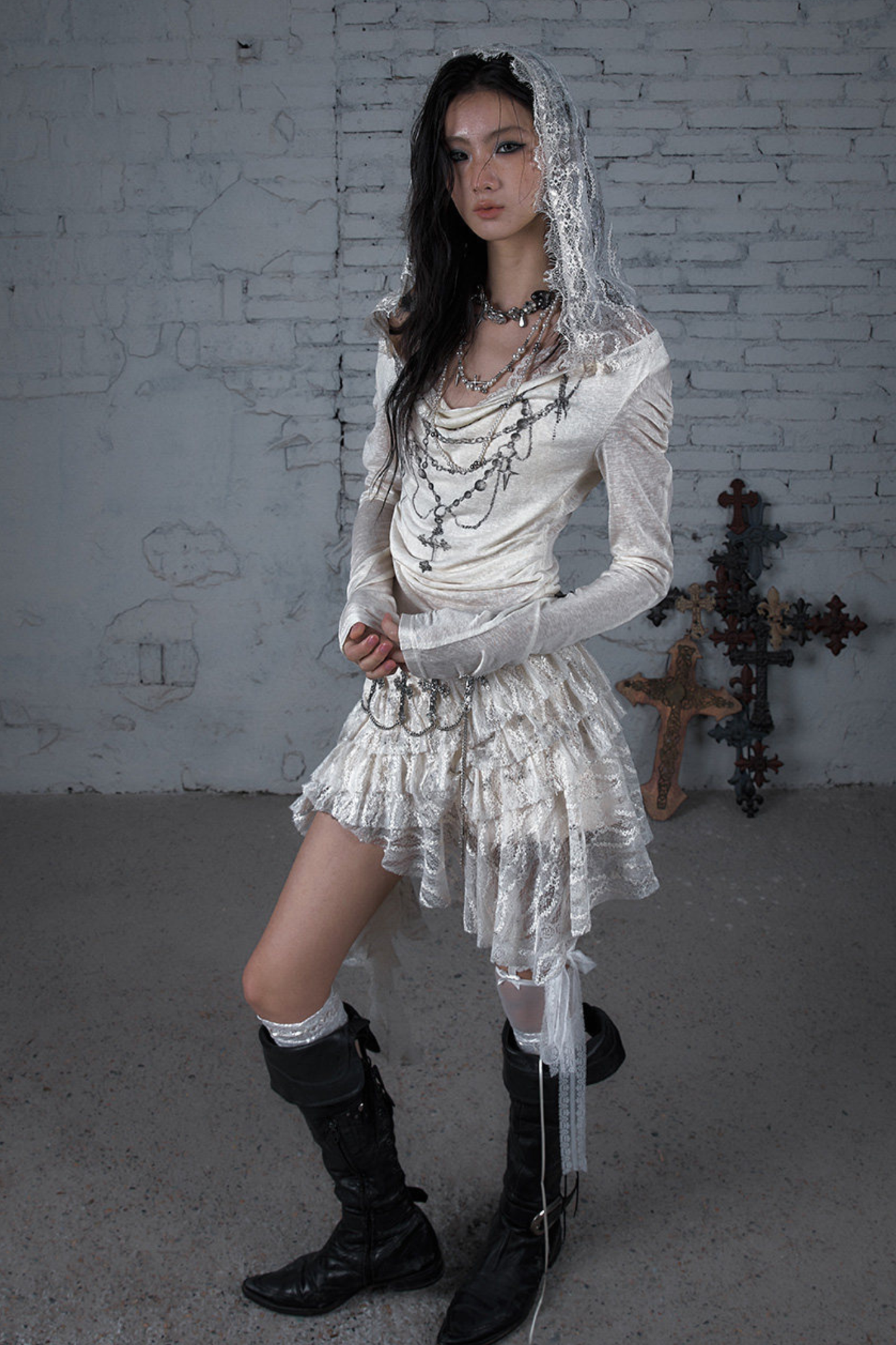 Punk Lace Hood Asymmetrical Dress