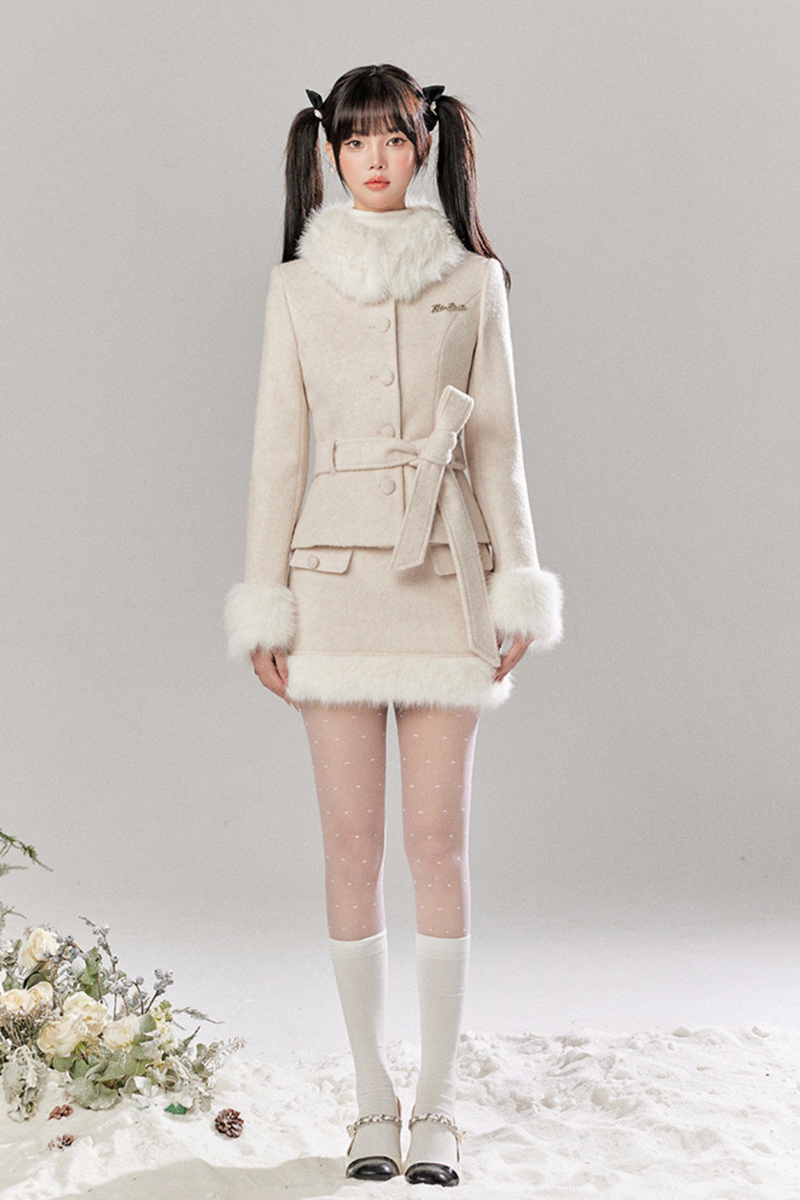Sweet Girly Fur Waist Ribbon Coat + Fur Tight Skirt
