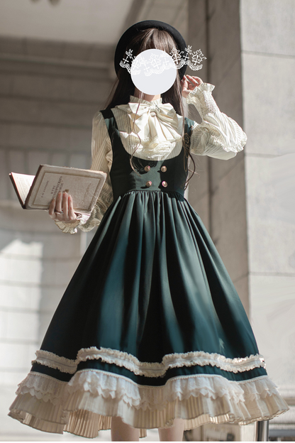 [pre-order] Retro Academia Jumper Skirt + Striped Shirt + Hooded Cape + Short Jacket + Collar + Brooch