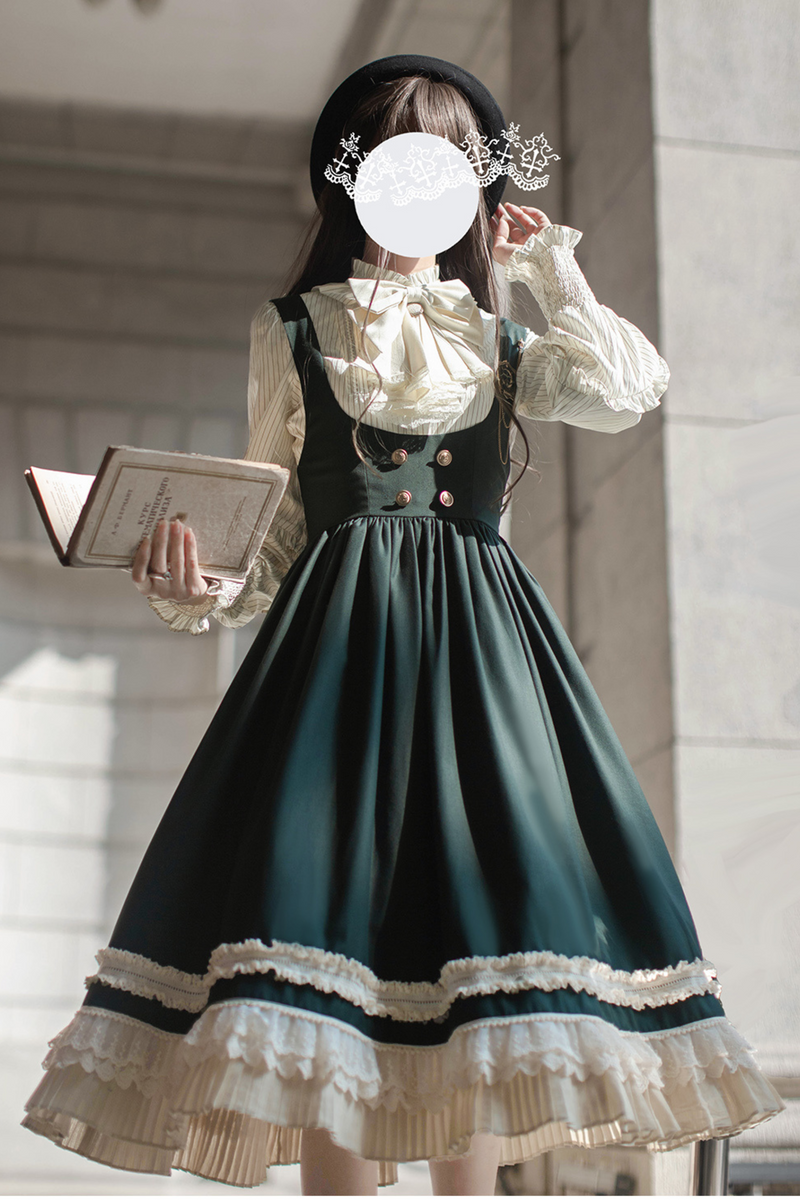 [pre-order] Retro Academia Jumper Skirt + Striped Shirt + Hooded Cape + Short Jacket + Collar + Brooch