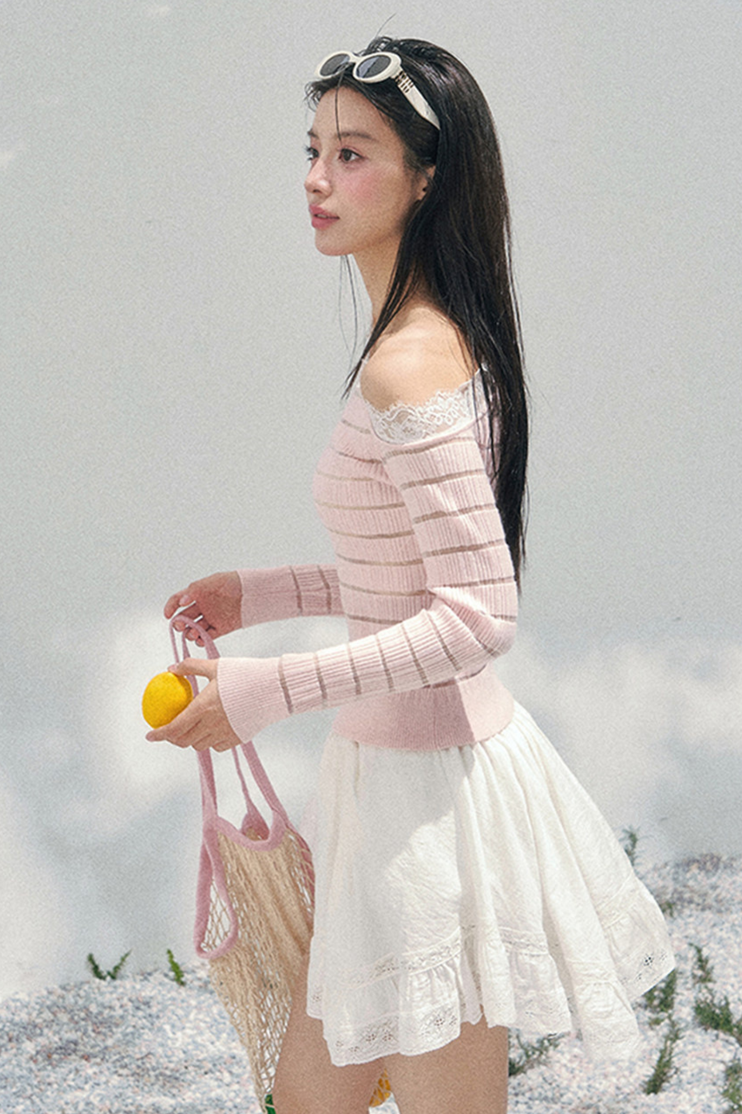 One Shoulder Glance Lace Striped Top