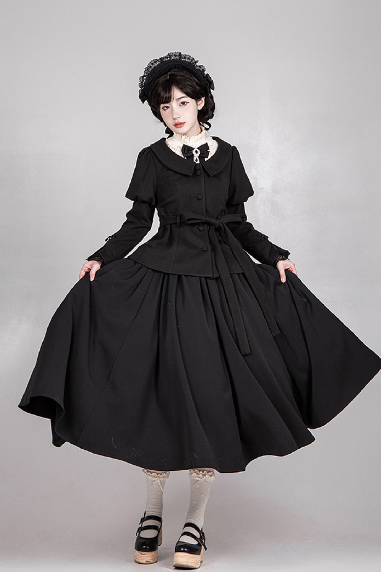 [pre-order] Dark Sweet Lolita Dress + Faux Collar + Necklace + Jacket + Ribbon + Sleeve + Fur Shawl