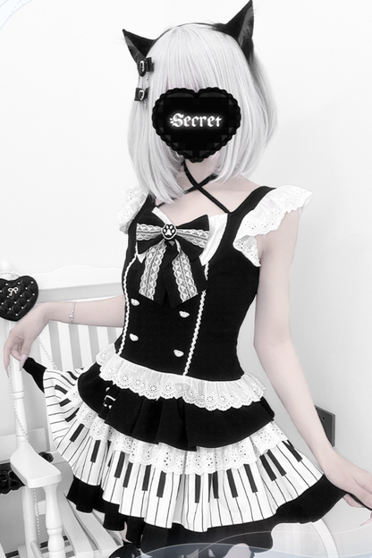 Dark Ruffle Top + Piano Skirt + Cat Sleeve