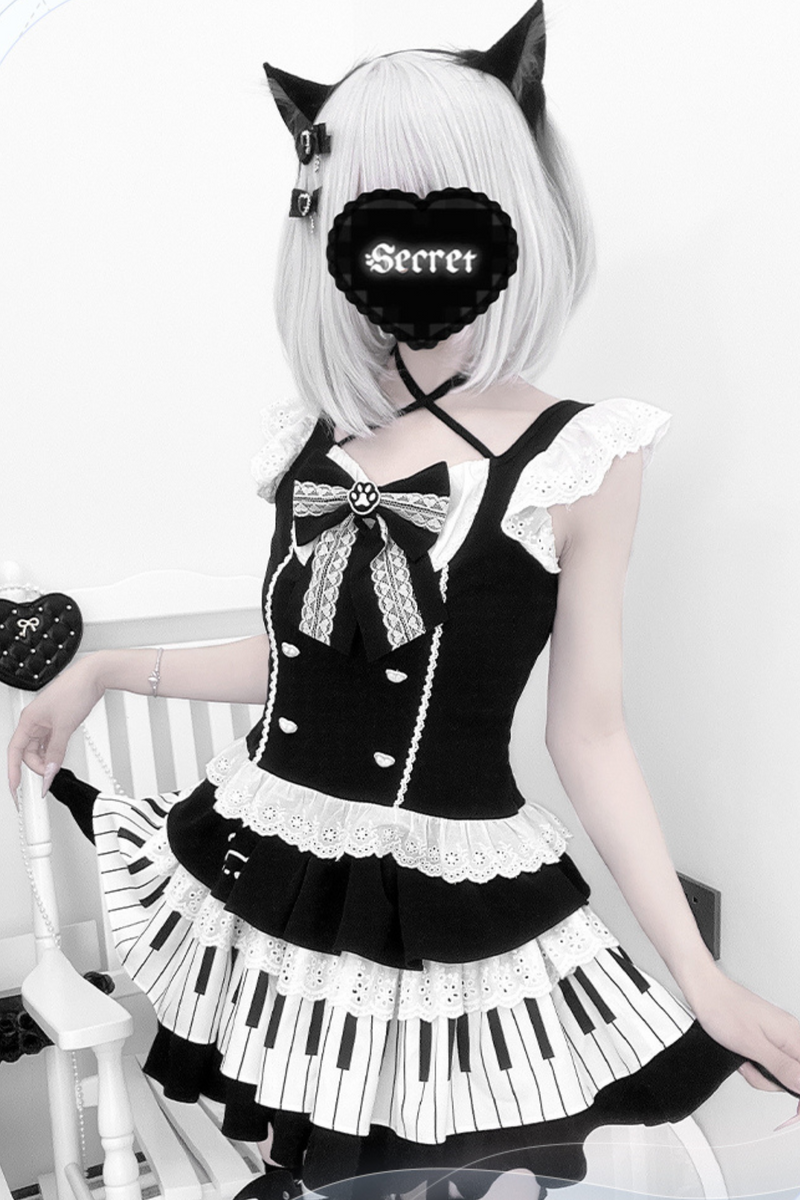 Dark Ruffle Top + Piano Skirt + Cat Sleeve