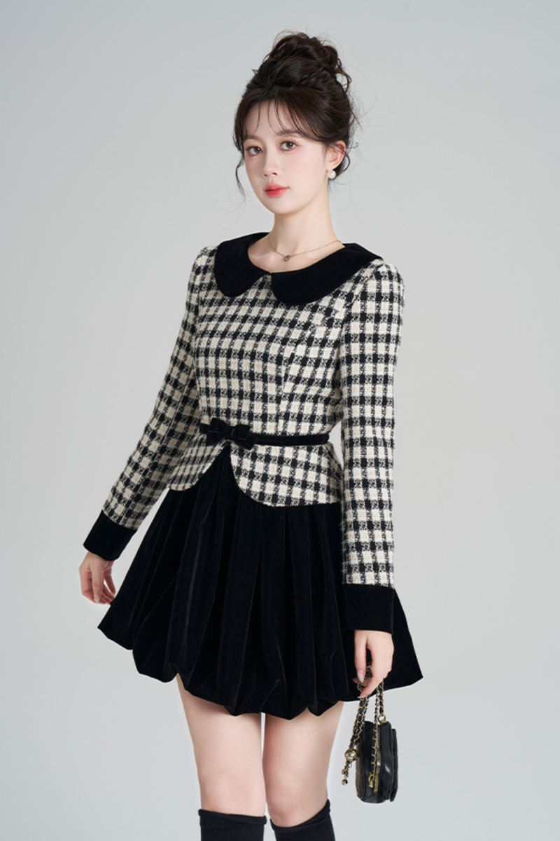 Velvet Monochrome Plaid Dress