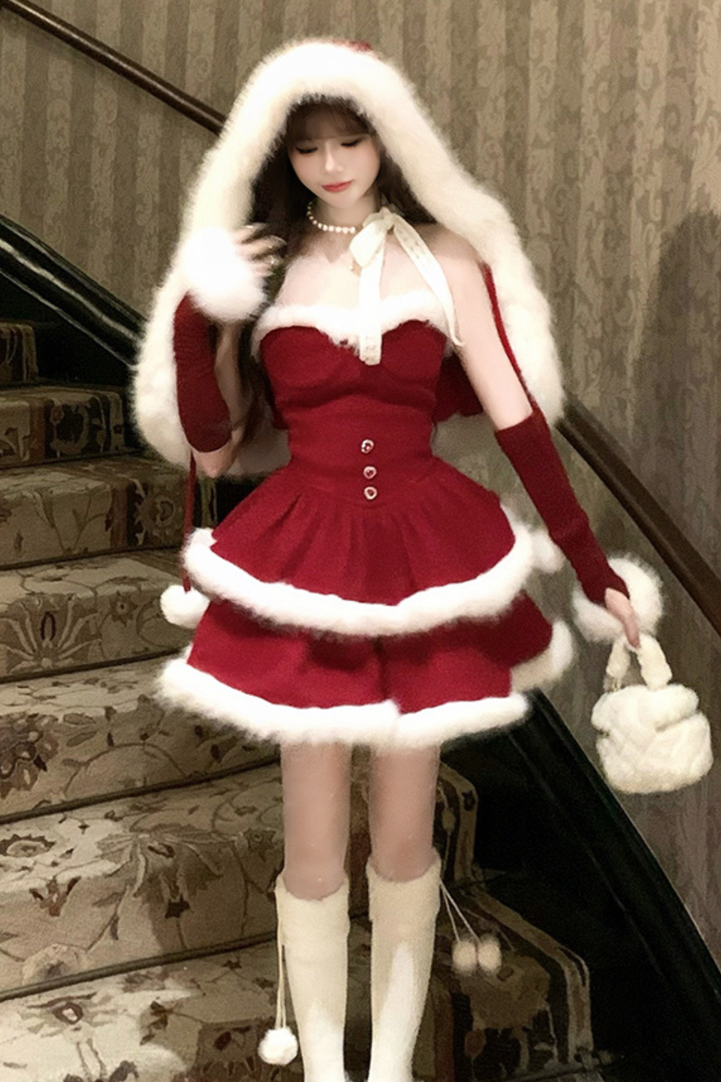 Red Velvet Cake Fur Coat + Suspender Skirt + Sleeves