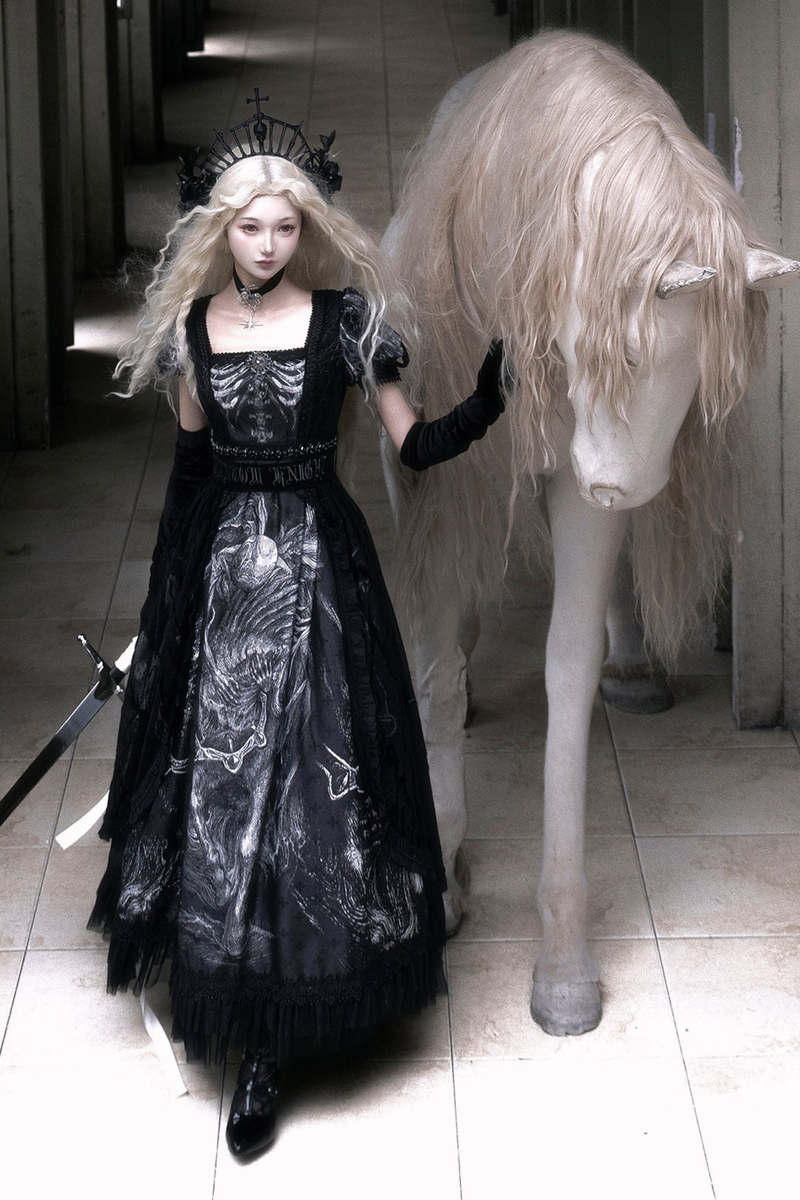 [pre-order Deadline: June 8] Phantom Knight Dark Gothic Square Neck Layered Dress (with Choker & Waist Belt)