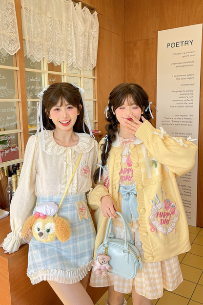 [pre-order] Strawberry Shortcake + Plaid High Waist Skirt + Custard Cardigan