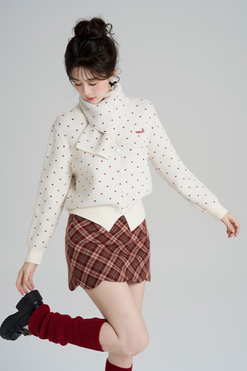 French Style Dotted Cardigan With Scarf