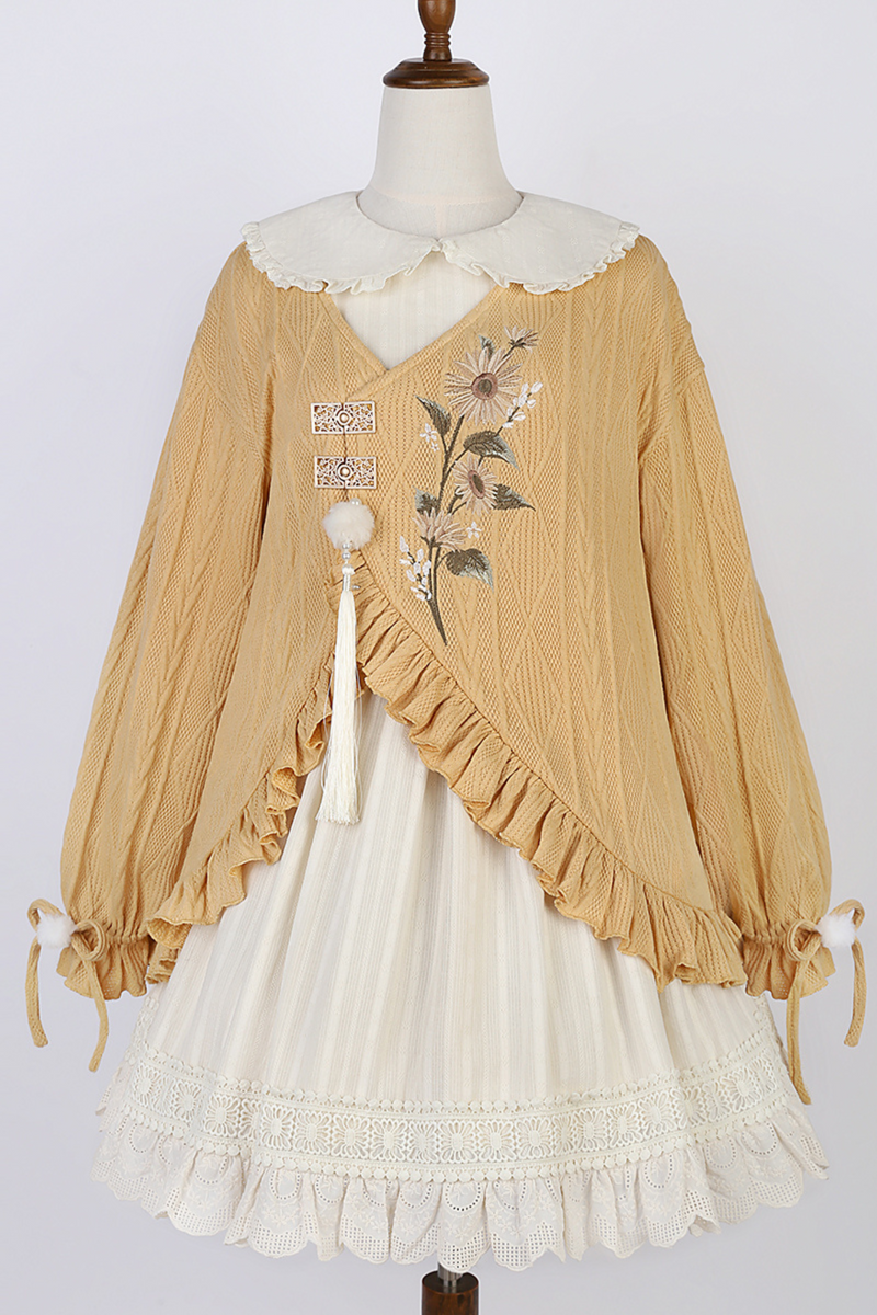 Retro Flower Chinese-style Cardigan + Flared Doll Collar Dress