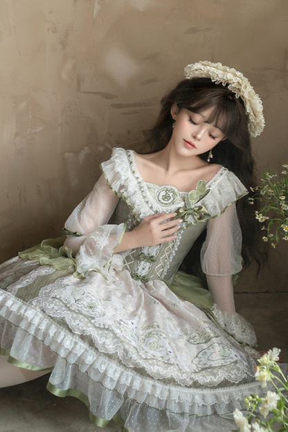 [pre-order] Fresh Green Print Kula Lolita Dress + Brooch