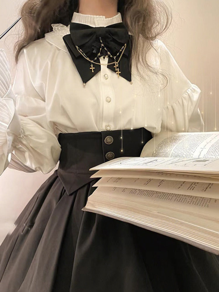 Cross Charm Ribbon Candy Sleeve Blouse + Waist Mark Irregular Hem Skirt