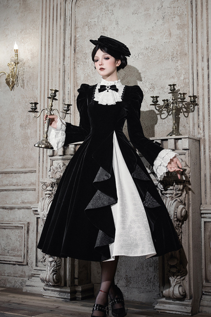 Slim Contrast Color Twin Dress + Collar + Bow + Brooch + Hat