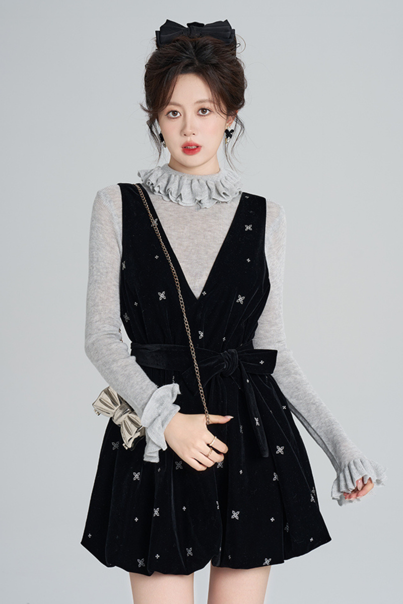 French Black Velvet Ribbon Balloon Dress