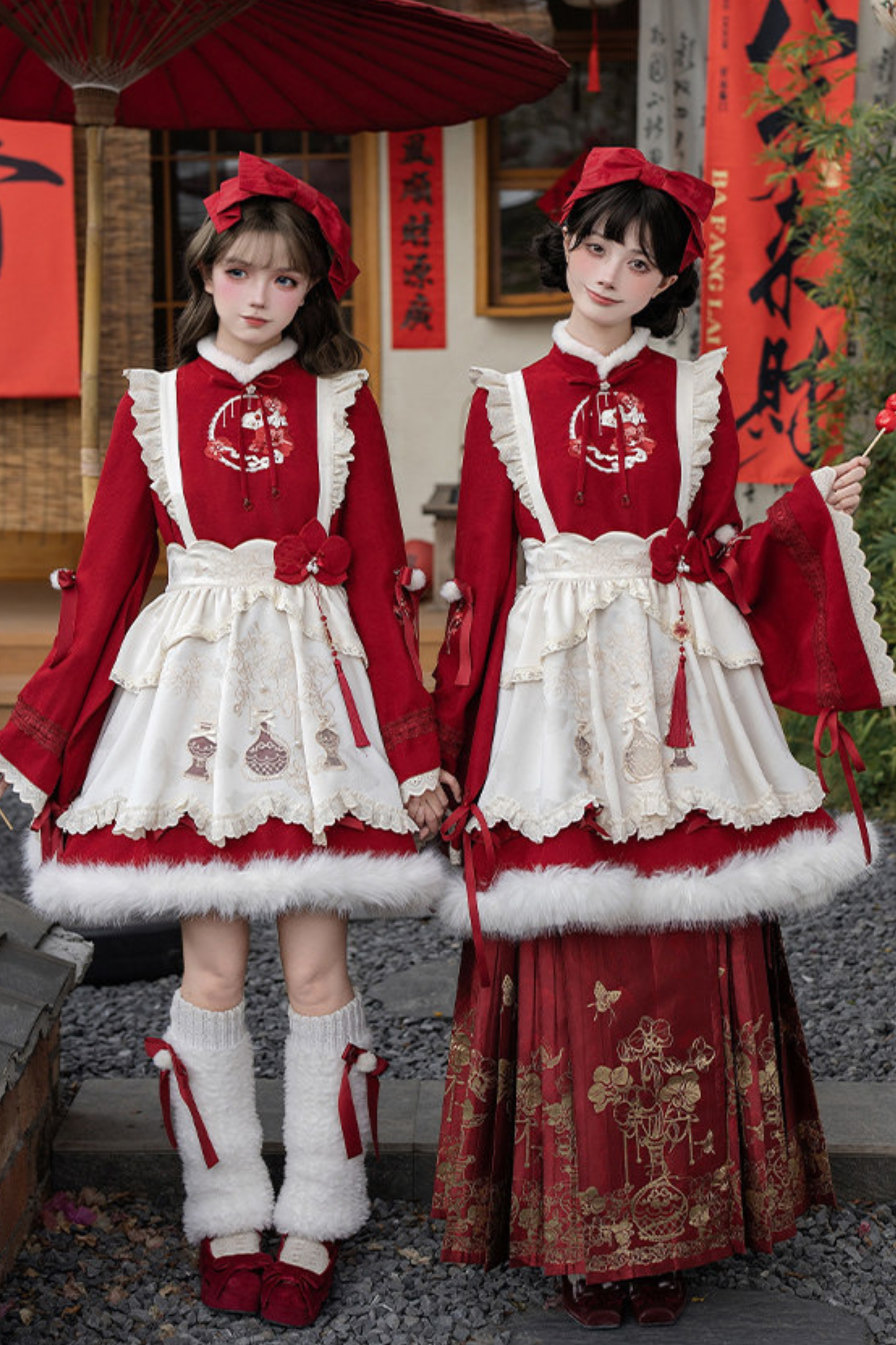Chinese-style Big Sleeve Dress + Apron + Skirt + Leg Warmers + Hairband + Clip + Pin