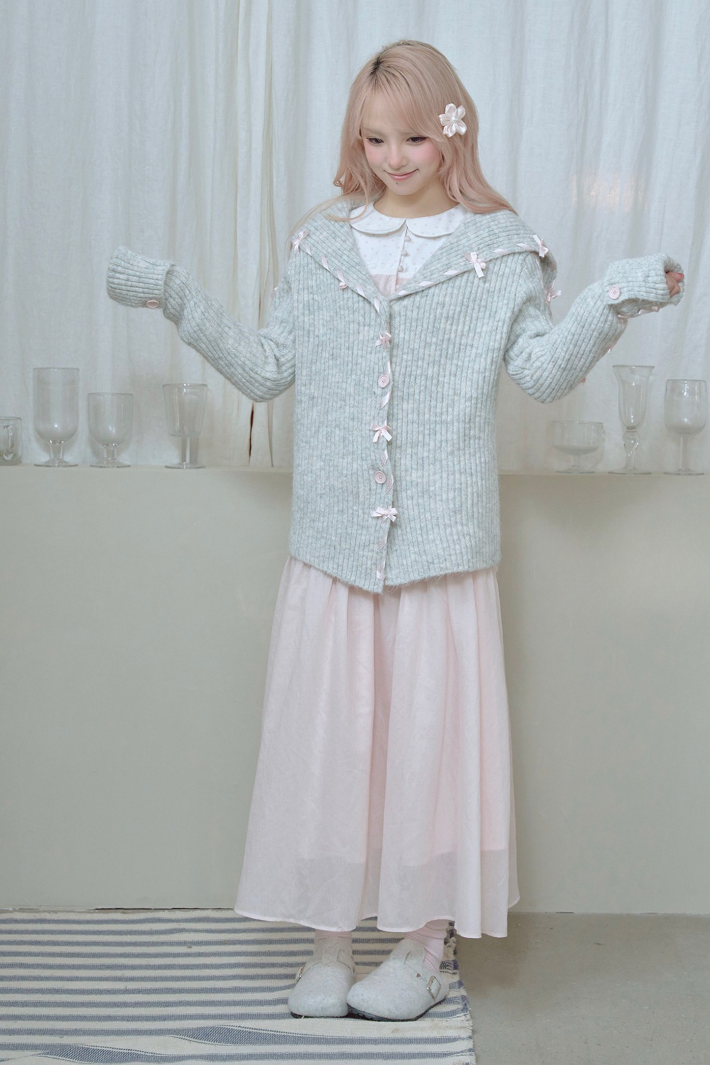 Lace-up Line Ribbon Knit Cardigan