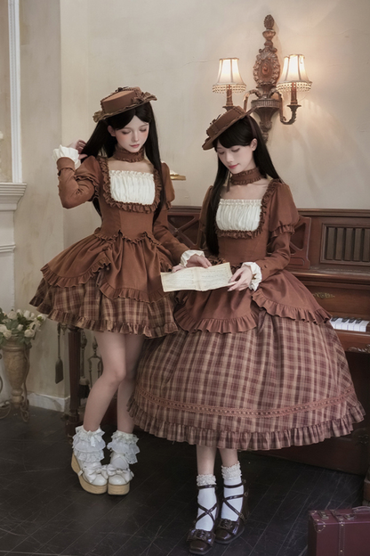 Sweet Checked Doll Dress + 2-way Ribbon + Bow + Hat