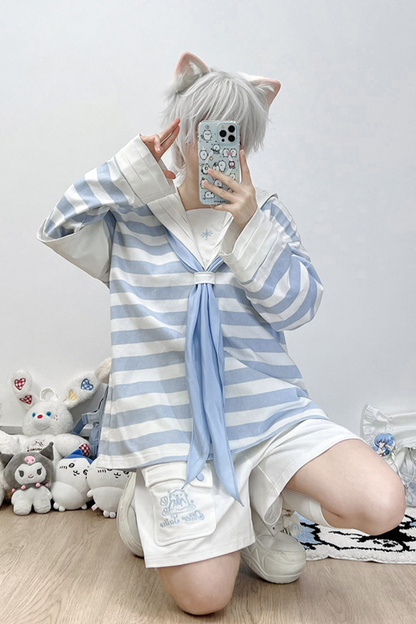 [angel Style] [pre-order] Striped Sailor Collar Subculture Top + Shorts