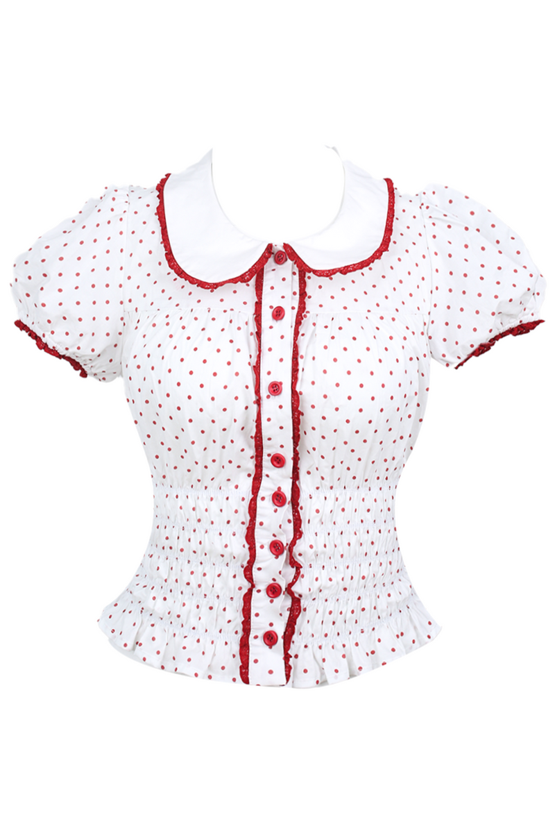 Polka Dot Puff Sleeve Doll Shirt + Ribbon Balloon Skirt Pants