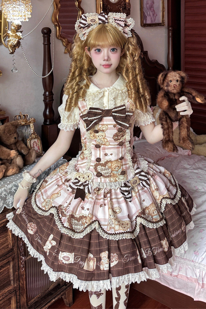 Bear Tea Party Lolita Dress + Jumper Skirt + Shirt + Headband + Brooch + Apron