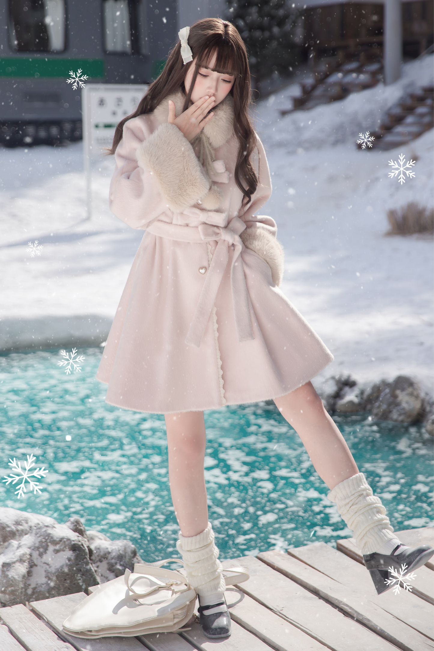 Sweet Girly Ribbon Flared Coat + Fur Collar + Shirt + Skirt + Beret