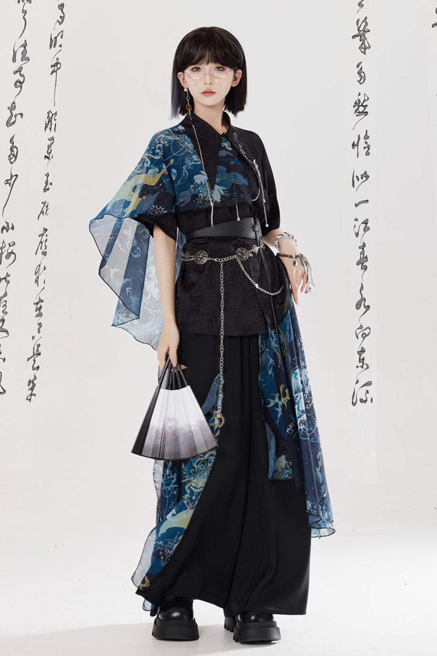 Dark Chinese-style Shirt + Wide Leg Pants + Chain + Belt