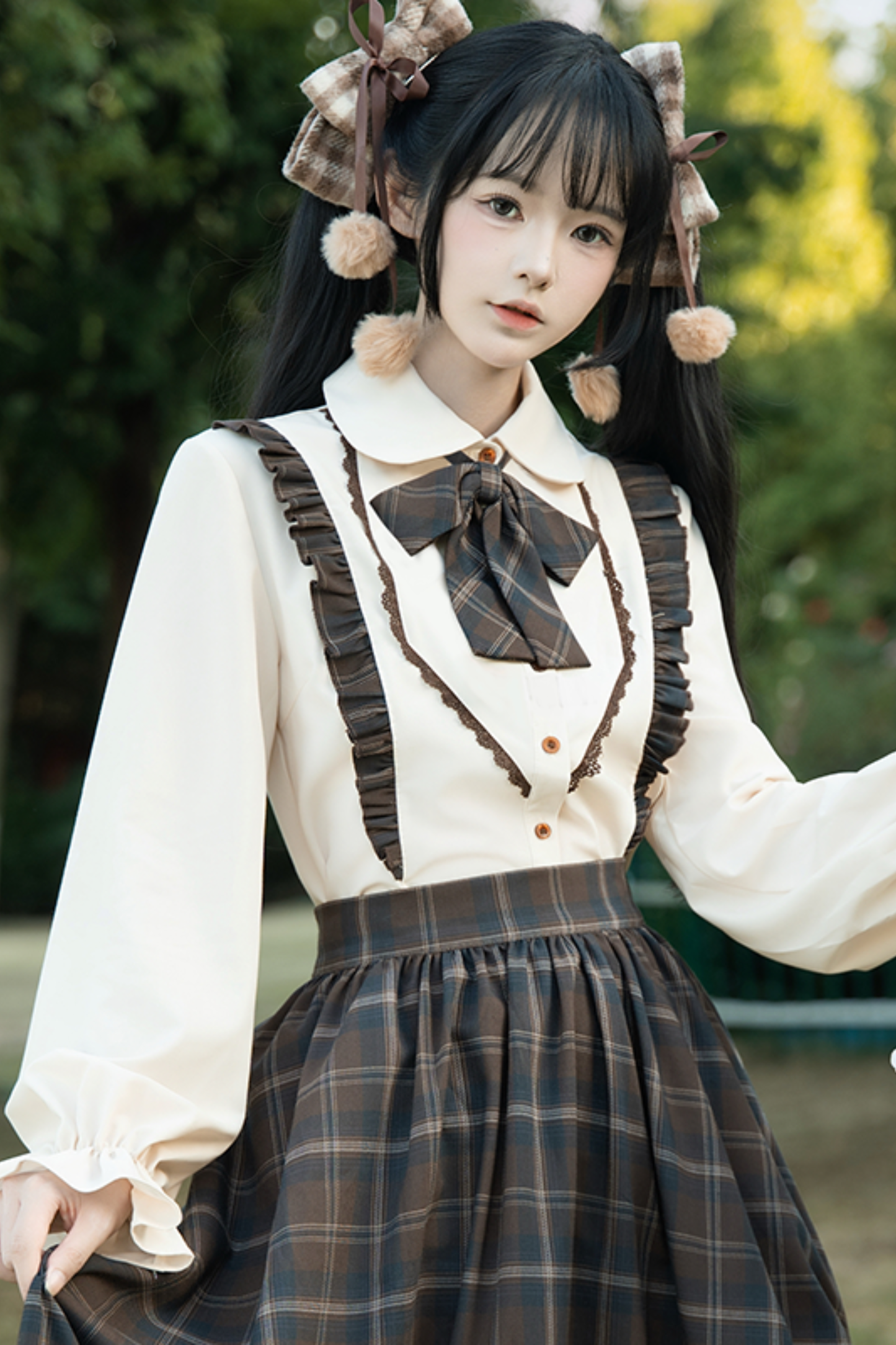 Retro Girly Plaid Skirt + Ruffle Blouse