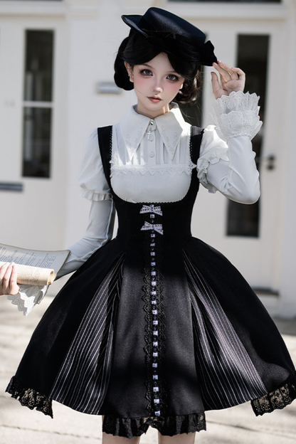 Sweet Lolita Flare Jumper Skirt + Tops + Hat + Ribbon + Collar