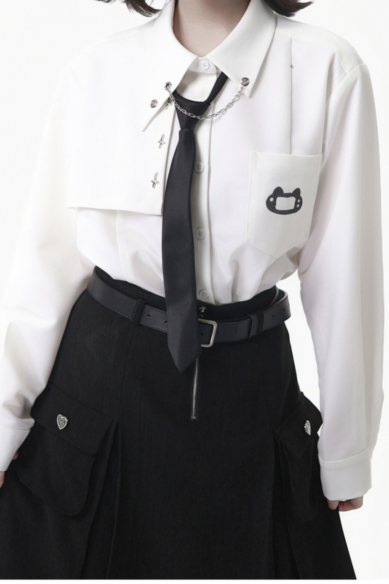 Gray Winter Preppy College Long Top + Short Top + Skirt + Pants + Shirt