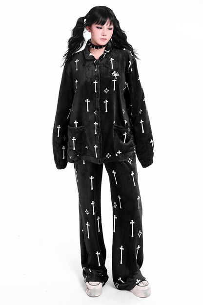 Gothic Cross Flannel Nightgown Coat + Loose Pants + Jacket