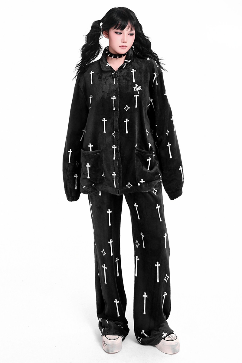 Gothic Cross Flannel Nightgown Coat + Loose Pants + Jacket