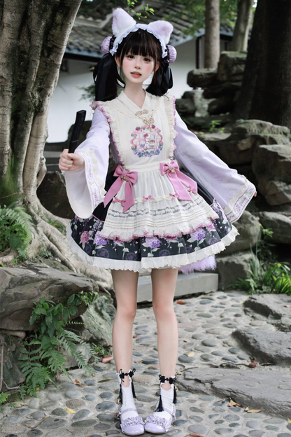 Chinese-style Lolita Top + Skirt + Apron + Headband + Bonnet