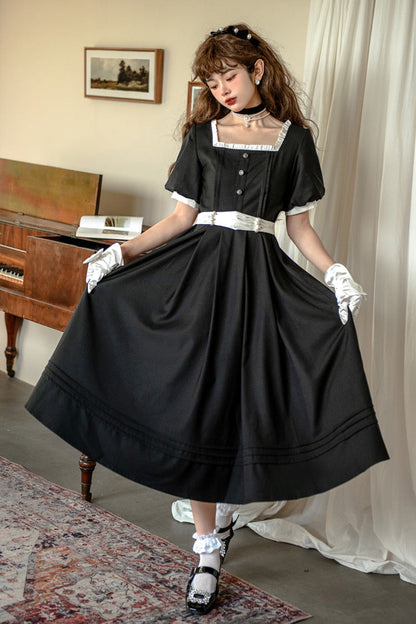 Black [random Thoughts] Square Collar Short Sleeves Ruffle Classic Lolita Dress