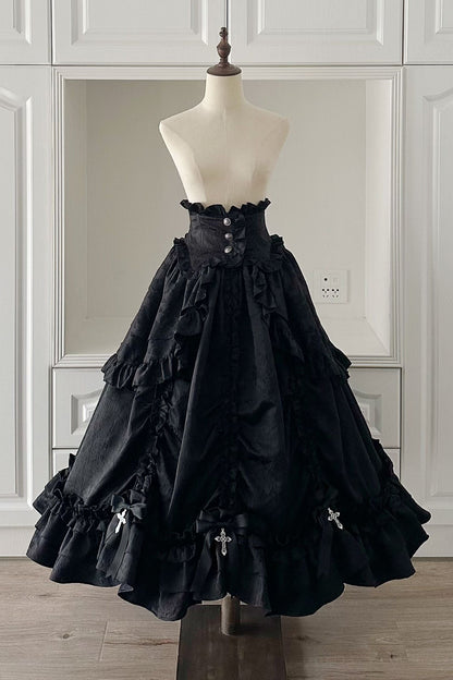 [pre-order Deadline: March 31] Cross Nocturne Gothic Dark Stripe Layered Top + Cross Rose Stripe Pull Up Skirt