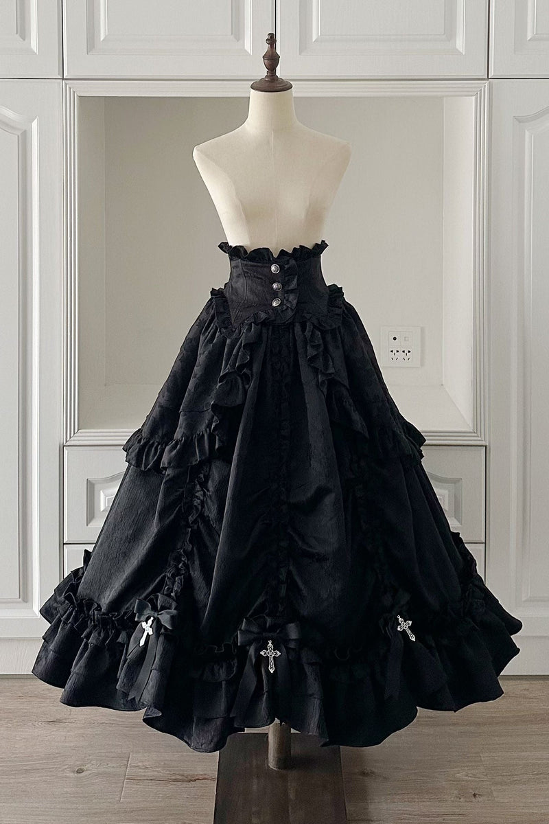 [pre-order Deadline: March 31] Cross Nocturne Gothic Dark Stripe Layered Top + Cross Rose Stripe Pull Up Skirt