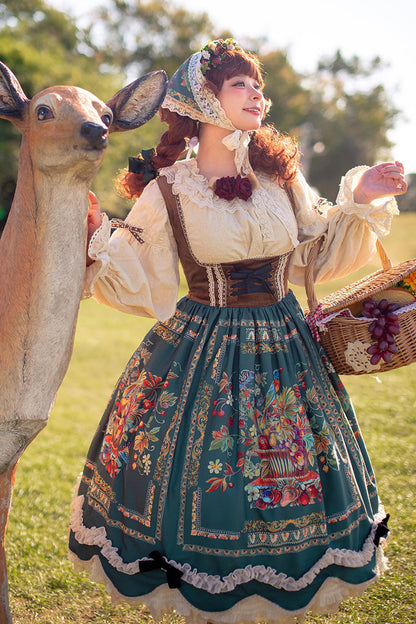 Green [ode to Plenty] Berries and Birds Print Ruffle Bowknot Velvet Classic Lolita Breast Support Jsk Dress