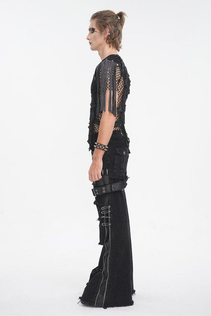 Black Round Collar Mesh Stitching Punk T-shirt