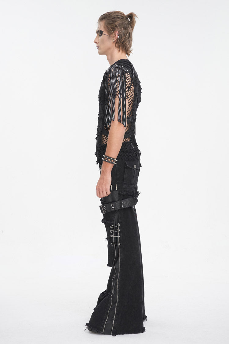 Black Round Collar Mesh Stitching Punk T-shirt