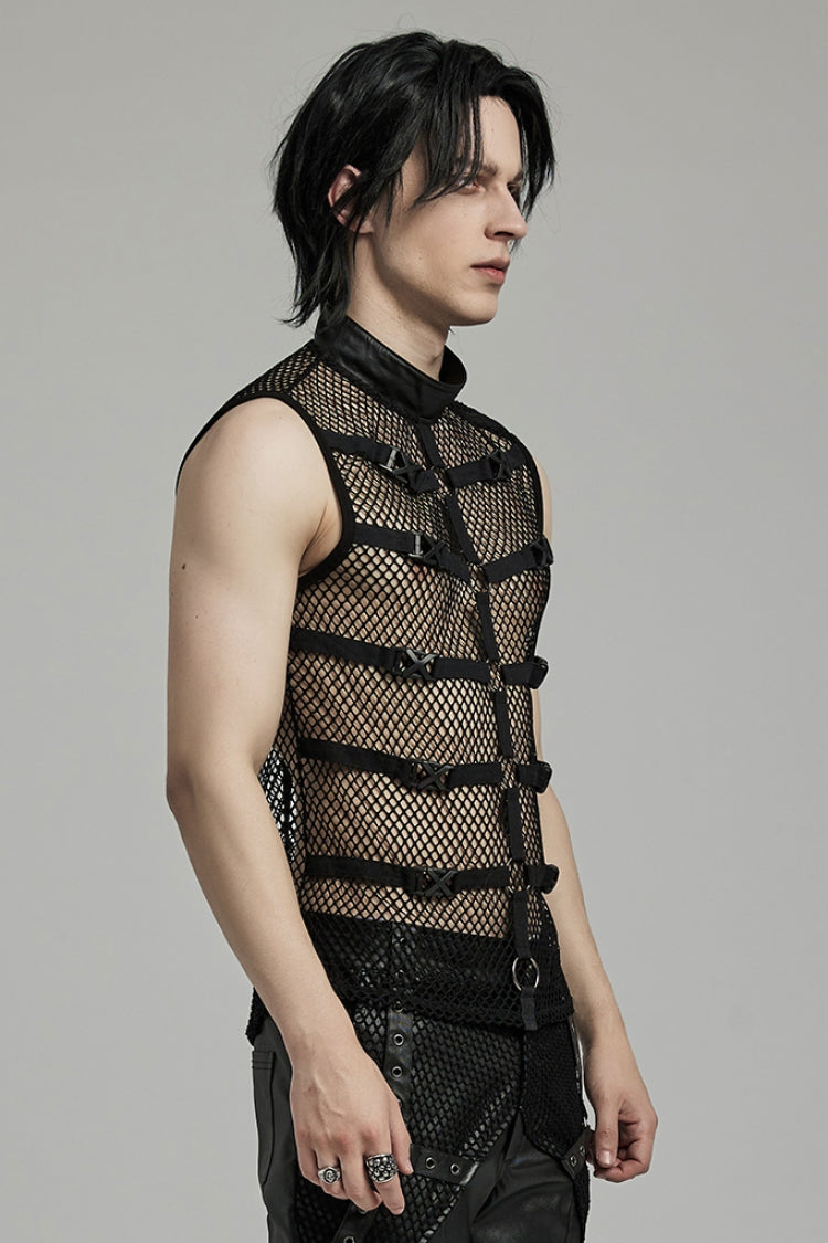 Black Stand Collar Sleeveless Straps Mesh Buckle Punk Vest