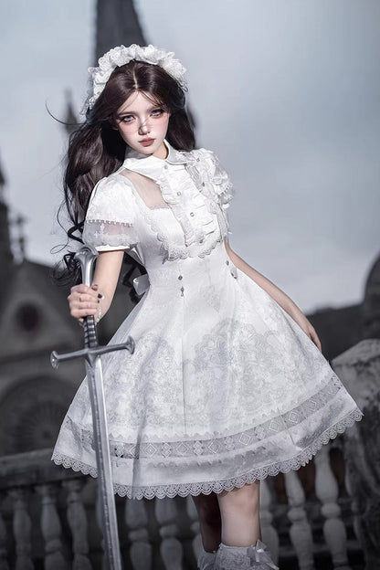 White Lapel Collar Short Sleeves Printed Ruffled Lace Classic Gothic Lolita Dress