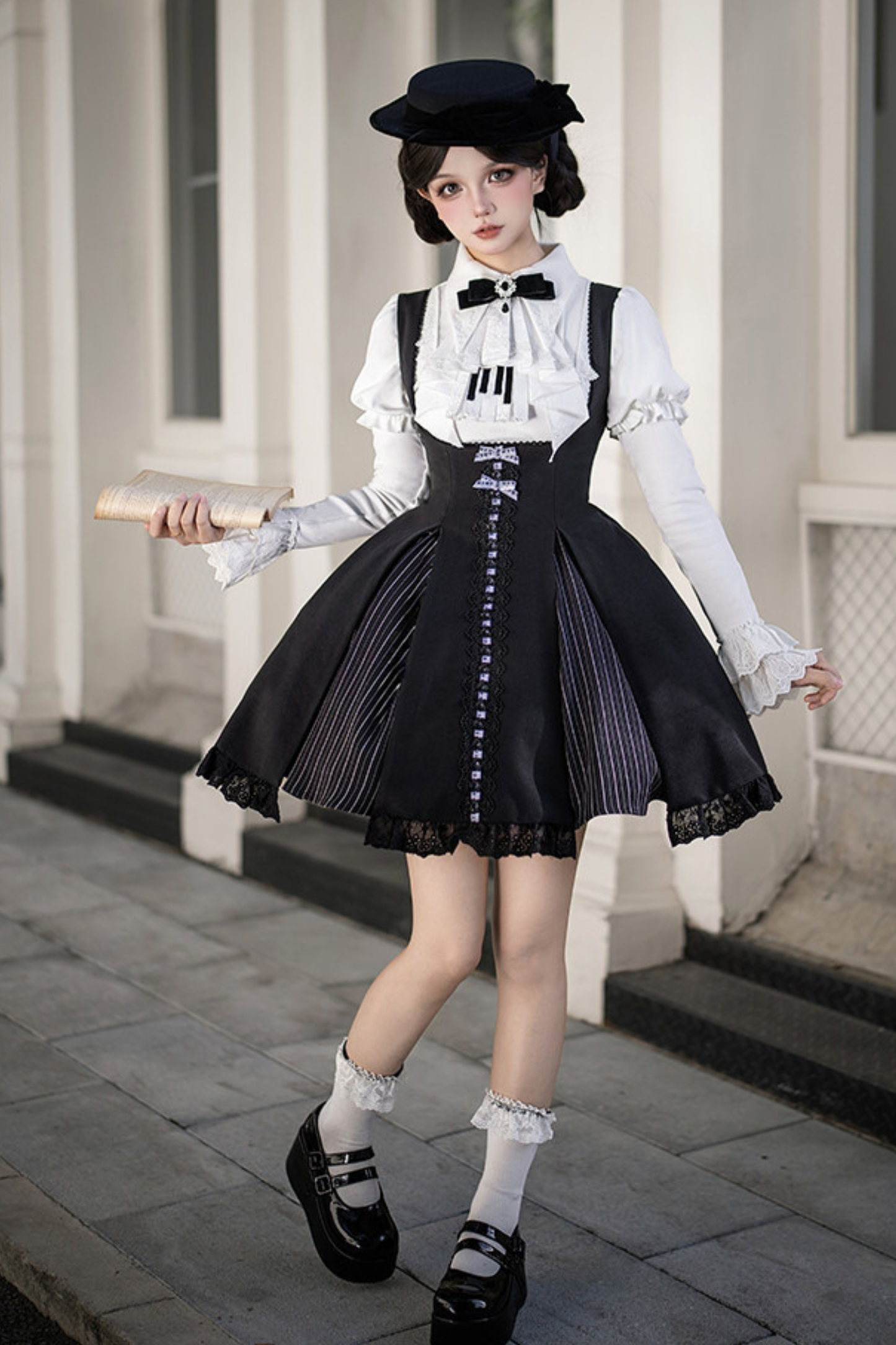 Sweet Lolita Flare Jumper Skirt + Tops + Hat + Ribbon + Collar