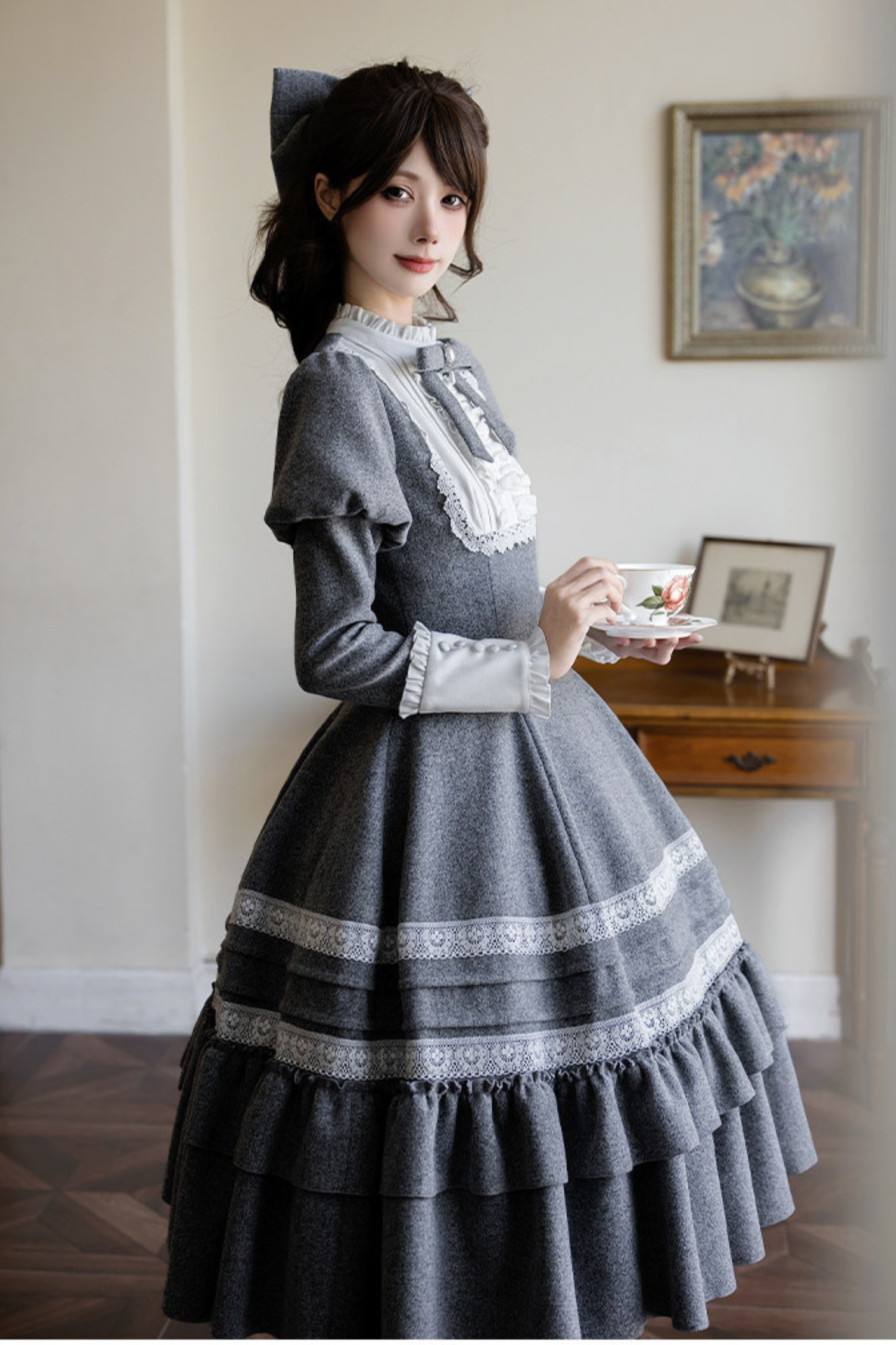 Ruffled Cape Coat + Dress + Hair Accessories + Brooch