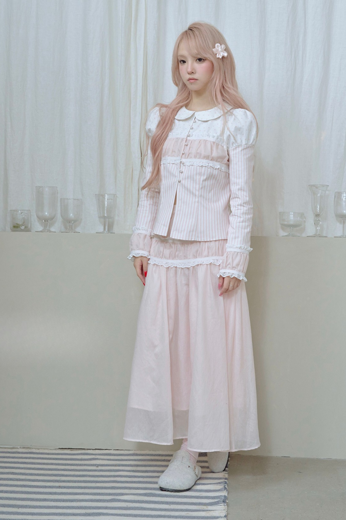 Striped Doll Collar Puff Sleeve Shirt