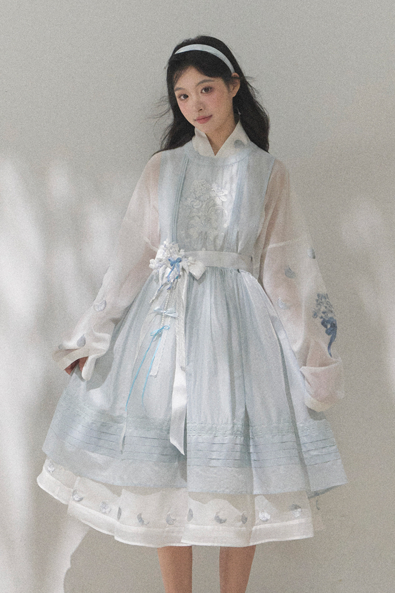 Pure White Chinese Dress + Cover Apron + Belt