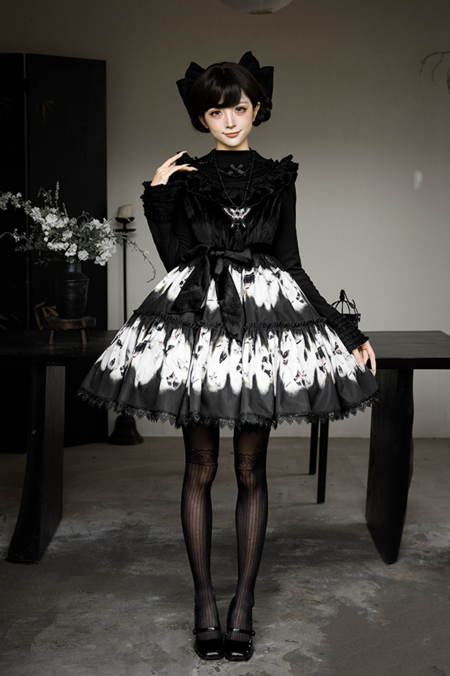 Butterfly Print Swing Lolita Dress + Jumper Skirt + Hairband + Innerwear + Ribbon