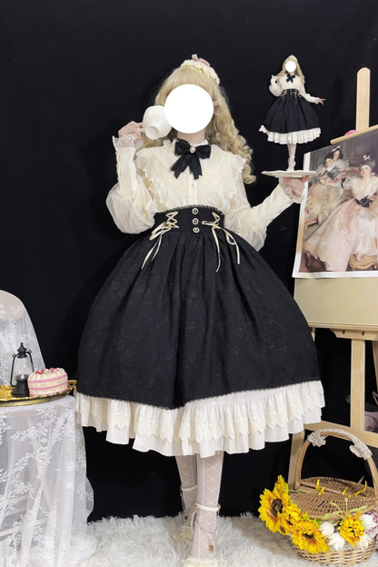Retro Lolita Shirt + Lace-up High-waist Lolita Skirt