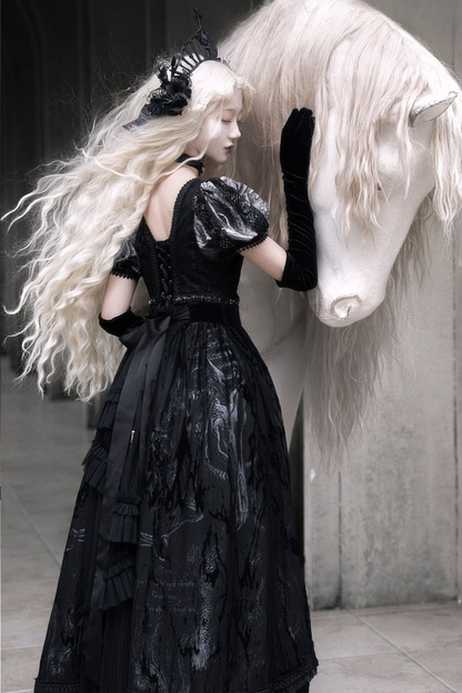[pre-order Deadline: June 8] Phantom Knight Dark Gothic Square Neck Layered Dress (with Choker & Waist Belt)