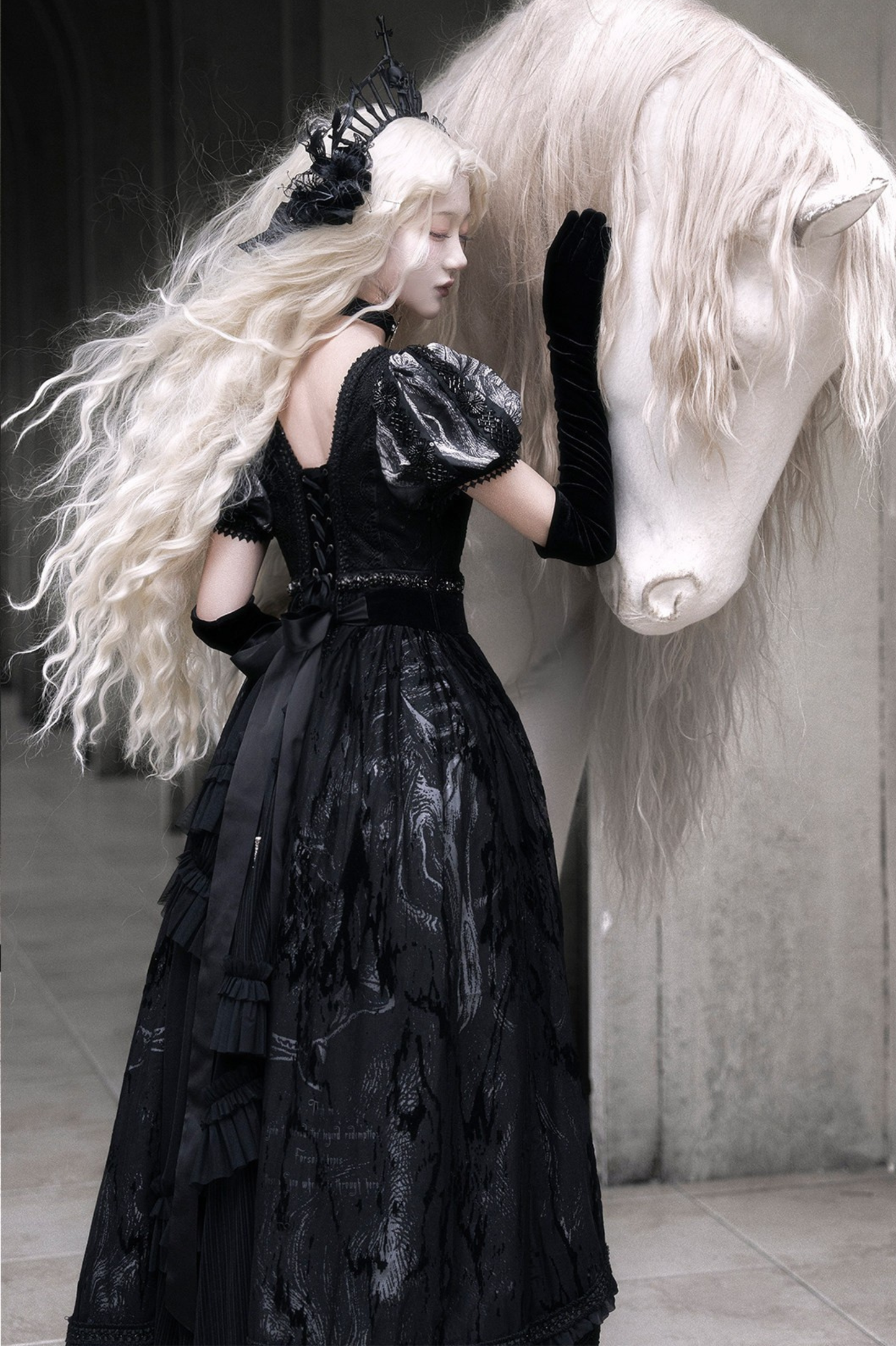 [pre-order Deadline: June 8] Phantom Knight Dark Gothic Square Neck Layered Dress (with Choker & Waist Belt)