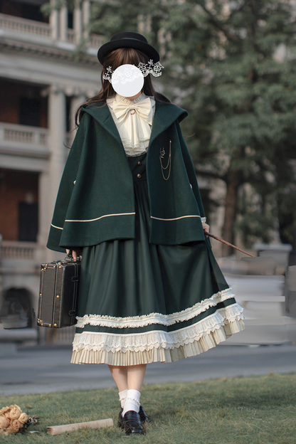 [pre-order] Retro Academia Jumper Skirt + Striped Shirt + Hooded Cape + Short Jacket + Collar + Brooch