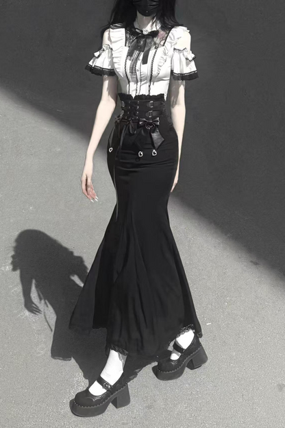[pre-order] Off-shoulder Ruffle Tops + Mermaid Skirt + Ribbon